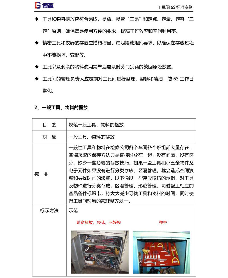 工具間一般工具，物料的擺放